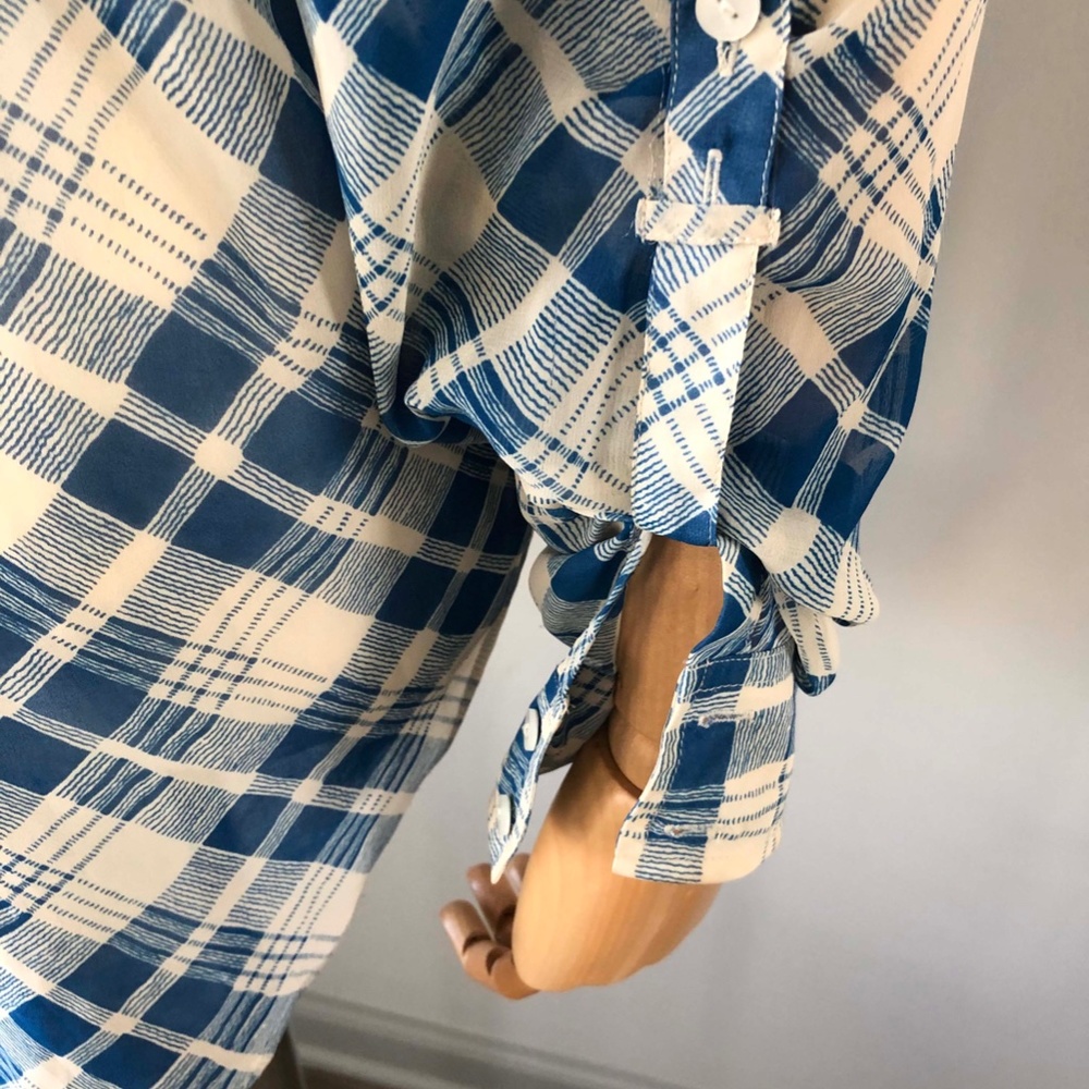 Free People Sheer Blue Plaid Long Sleeve High Low Blouse - Picture 5 of 6